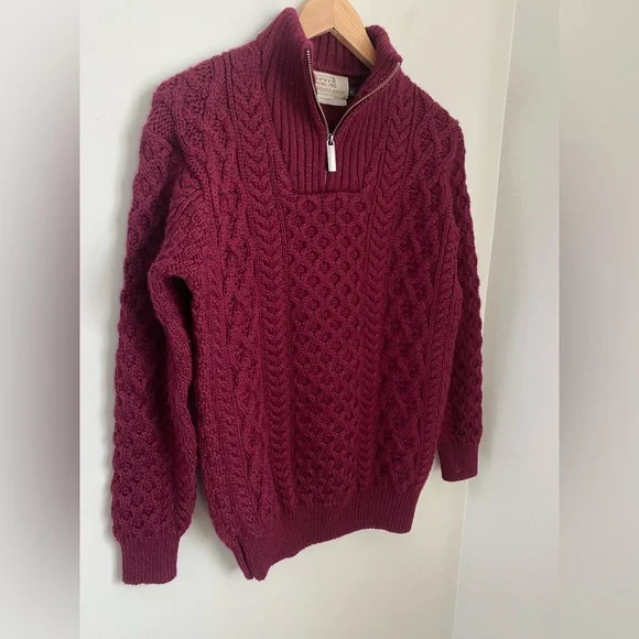 ‎‎Aran Crafts Merino‎ Wo‎ol Cable Knit Aran Sweater Troyer Claret Size Medium - Picture 3 of 11